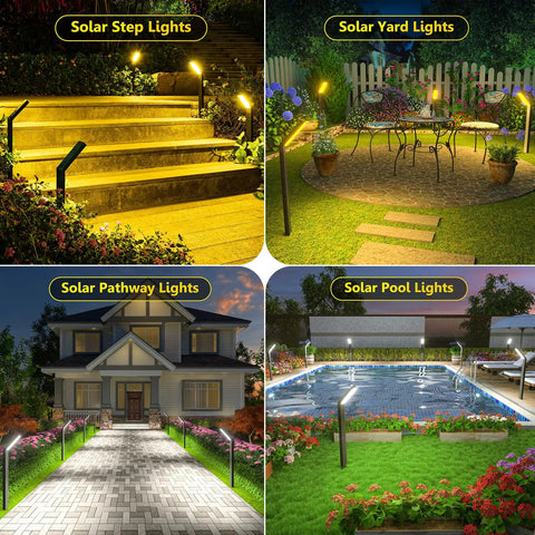 Solar Pathway Lights 4 Pack Outdoor Waterproof Garden Lighting for Driveway Walkway Patio Sidewalk Solar Powered with Cool to Warm White LEDs Easy Install Zero Hassle Setup and Weatherproof Design lighting stairs, yard, pathway, and pool area.