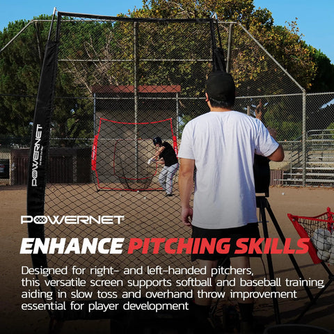 Portable Baseball And Softball Practice Net For Pitching And Hitting With I Screen Shield in use on baseball field