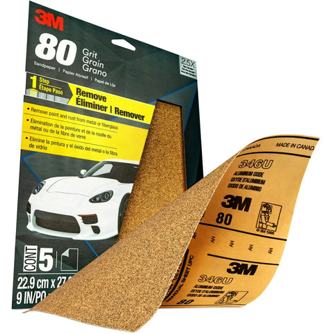 Built Tough 80 Grit Auto Body Sandpaper Pack Five Sheets 9 By 11 Inches Aluminum Oxide Abrasive packaging and sheet detail