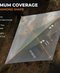 Lightweight Hammock Rain Fly Waterproof Shelter for Camping and Backpacking with Easy Setup in diamond shape over hammock