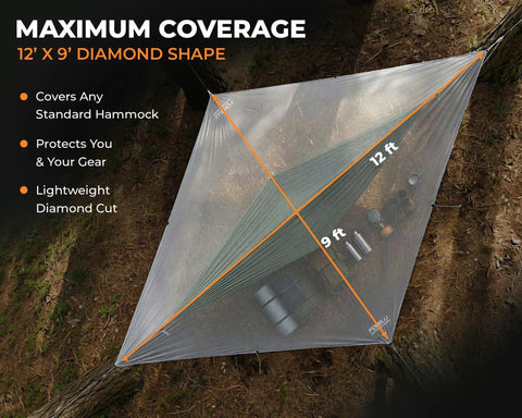 Lightweight Hammock Rain Fly Waterproof Shelter for Camping and Backpacking with Easy Setup in diamond shape over hammock