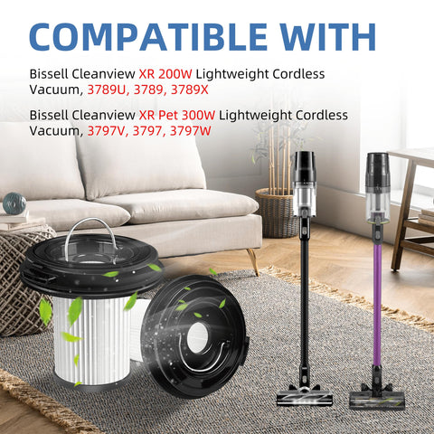 4 Pack Pleated Vacuum Filters For CleanView XR Pet 300W And XR 200W Cordless Vacuums Replacement shown with compatible models and couch