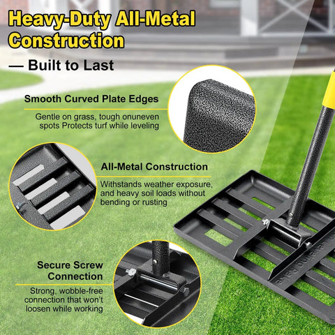 Heavy Duty Lawn Leveling Rake with 17 Inch by 10 Inch Stainless Steel Ground Plate and 60 Inch Handle for anti flipping operation, pro grade for leveling topsoil, sand, compost, grass seed, yard landscaping and golf field use, featuring all-metal construction and secure screw connection.