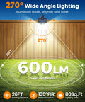No Sweat Clip On Solar Lights Outdoor, 600 Lumens Motion Sensor showcasing 270° wide angle and 26FT sensing distance.