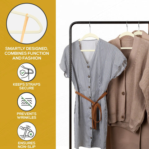 50 Pack Ultra Slim Velvet Closet Hangers Top Shelf Non Slip Felt Coat Jacket Dress Organizers Space Saving Closet Game Heavy Duty Swivel Hook Smooth Glide Ivory holding a striped dress and sweater.