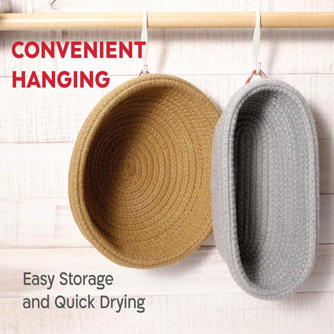 Cotton Rope Banneton Bread Proofing Basket Set With Liners And Covers, hanging oval and round baskets for convenient storage.