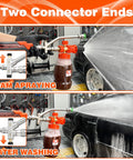 Dual Tip Foam Cannon For Pressure Washer Gun With Quick Connect, showing foam and water flow on car, emphasizing two connector ends.