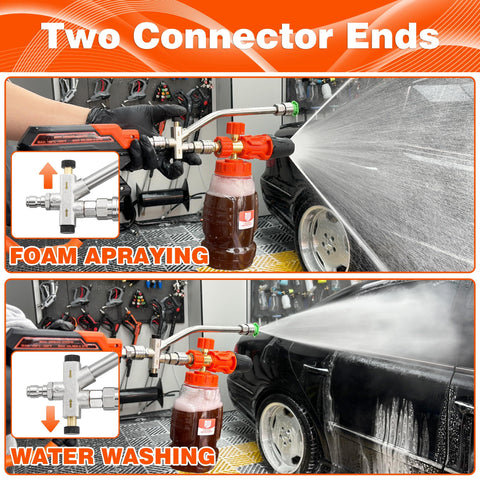 Dual Tip Foam Cannon For Pressure Washer Gun With Quick Connect, showing foam and water flow on car, emphasizing two connector ends.