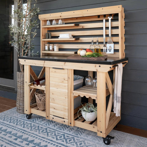 48 Inch Cedar Wood Buffet Hutch Serving Station With Galvanized Steel Countertop, Wine Rack And Glass Rack, Trash Bin, Modular Shelves, Towel Bar, Backyard Ready Indoor Outdoor Prep Station