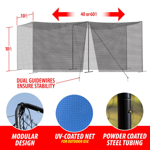 60 Foot Batting Cage Complete Package With Frame And Netting, Easy-Collapsible Baseball And Softball Practice Enclosure shown with net and frame details