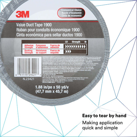Value Duct Tape 1900 packaging label showing specifications and branding details, 1.88 in x 50 yd, 5.8 mil.