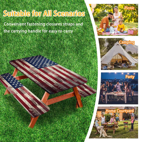 Picnic Table Cover Set With Bench Covers For 6 Ft Tables, No Fuss Fitted, Waterproof And Oilproof With Elastic Edge, Retro Design