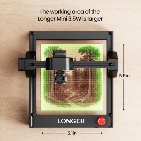 3500mW Desktop Laser Engraver With Ultra Fine 0.04x0.04mm Spot, working area view, grid pattern, 5.5x5.1in dimensions