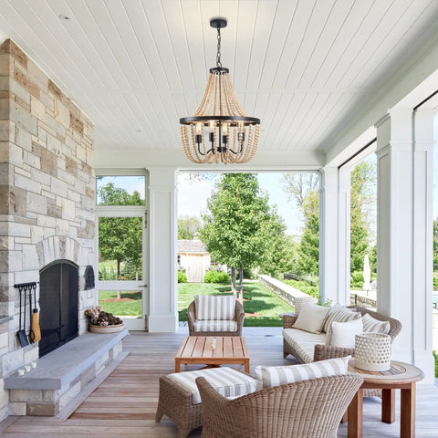 Fab Boho Wooden Bead Chandelier With Large Two Layer Maple Beads 4 Light Farmhouse Pendant Light in outdoor seating area