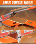 Heavy Duty 13 Inch Vinyl Floor Cutter With Wheels Built Tough For No Sweat Trimming Of LVP LVT VCT SPC WPC Engineered Wood Laminate Cutting, showing handle lever and cutting board with vinyl plank.
