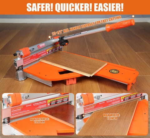 Heavy Duty 13 Inch Vinyl Floor Cutter With Wheels Built Tough For No Sweat Trimming Of LVP LVT VCT SPC WPC Engineered Wood Laminate Cutting, showing handle lever and cutting board with vinyl plank.