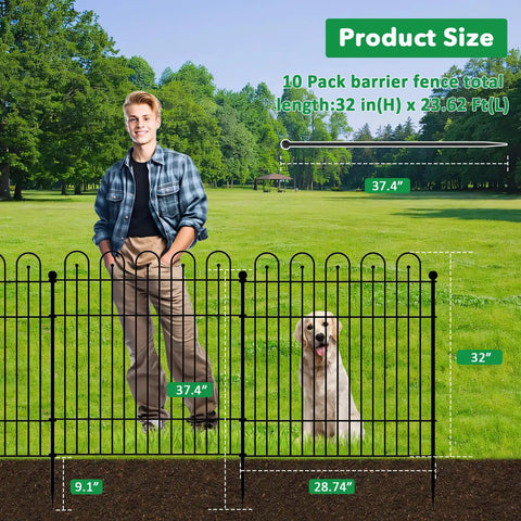 Durable No Dig Garden Fence With Gate 32 Inch Tall Panels 29 Inch Wide, shown with person and dog for scale, outdoor use.