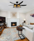 Living room with 52 Inch Farmhouse Ceiling Fan With Light And Remote, black industrial caged light fixture on ceiling, cozy decor