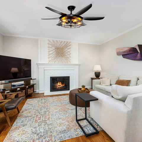 Living room with 52 Inch Farmhouse Ceiling Fan With Light And Remote, black industrial caged light fixture on ceiling, cozy decor