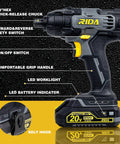 Cordless Impact Driver Kit With 180Nm Torque 20V Power 0 To 2800 RPM Variable Speed One Quarter Inch All Metal Hex Chuck