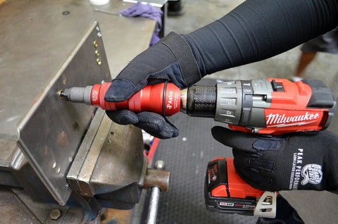 Rivet Nut Drill Adapter Kit Turns Any Drill Into A Power Rivet Nut Setter With 8 Mandrels And Nosepieces In use on metal plate