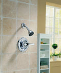 Classic 13 Series Single Function Shower Valve Trim Kit With Lever Handle In Brushed Nickel Finish on tiled shower wall