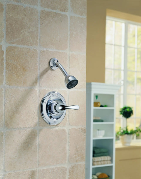 Classic 13 Series Single Function Shower Valve Trim Kit With Lever Handle In Brushed Nickel Finish on tiled shower wall