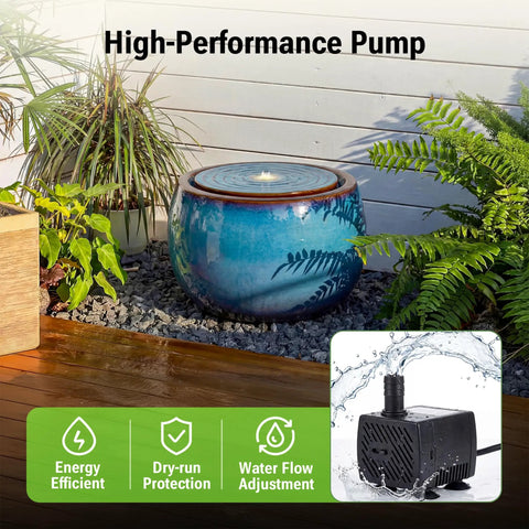 9 Inch Outdoor Ceramic Water Fountain With LED Light Round Bubbler Water Feature Eastern Style Waterfall Blue Garden Decor