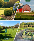 Solar Ultrasonic Deer And Cat Repellent With Motion Sensor And LED Flashing Lights Waterproof Outdoor Animal Deterrent For Yard Garden And Lawn Humane Guard Against Dogs Raccoons Coyotes shown in garden, farm, yard, and vegetable beds