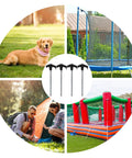 Collage showing uses of Drillable Garden Shed Stakes With Bonus Adapter And Tie Downs Built Tough Pro Grade Powder Coated Steel Ground Anchors Nut Driver Included Easy Drill Install Black