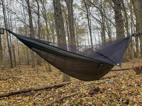 Full Length Hammock Underquilt For Cold Weather Camping And Backpacking Single And Double Size Insulated UQ Blanket in a woodland setup