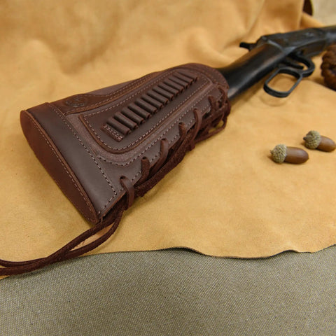 Premium Leather Gun Shell Holder Buttstock With Canvas Recoil Pad Extension for shotguns and rifles on fabric