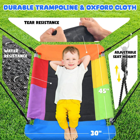 Child lying on a colorful 45x30 inch swing with tear-resistant and water-resistant Oxford cloth, part of a heavy duty backyard swing set for kids up to 440 lbs with toddler swing belt swing and platform swing triple outdoor metal frame easy to assemble sturdy A frame playground gear.