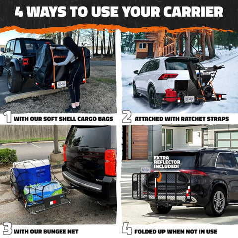 Four uses of Heavy Duty Hitch Mount Cargo Carrier 60x24x6 Inches 2 Inch Receiver Folding Rack 500 Lbs Capacity All Weather Steel Ultimate Road Trip Gear for SUVs Trucks and Vans