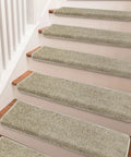 Tape Free Non Slip Bullnose Carpet Stair Treads Set For Indoors Cream Gray 9.5 By 30 Inches 7 Pieces Pet Friendly Washable And Reusable Skid Resistant Rug Covers on wooden stairs