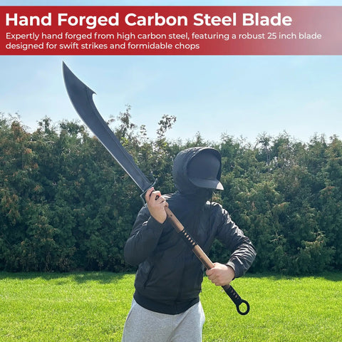Individual holding Beefy 53 Inch Chinese Podao Halberd Polearm with hand forged high carbon steel blade outdoors