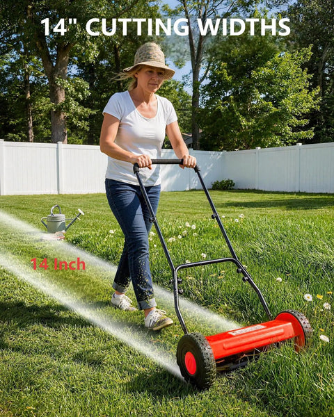 14 Inch Hand Push Reel Lawn Mower For Small To Medium Yards No Fuss Manual Cut With Precise Scissor Like Blades And Adjustable Height Settings For A Clean Healthy Lawn, woman mowing grass