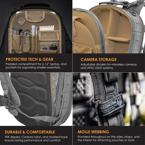 Impact-Resistant Hardshell Camera And Drone Backpack With External Mounting System, showcasing compartments and MOLLE webbing.