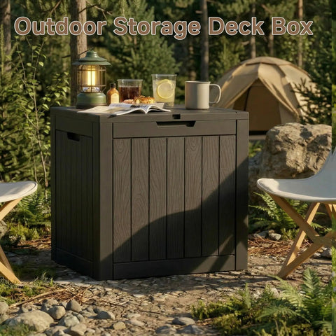 35 Gallon Outdoor Storage Box For Deck, Garden, And Patio, Lockable Weatherproof Resin Storage Chest with items on top