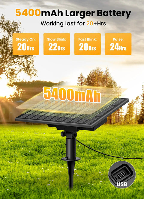5400mAh solar panel with USB port for 108 Feet Solar String Lights Outdoor With Remote And USB Port Dimmable Timable Three Modes Shatterproof Bulbs Mount Clips For Patio Backyard Garden Camping No Fuss Easy Setup Decor.