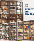 Heavy Duty Six Tier Metal Wire Shelving Rack With Rust Resistant Carbon Steel Frame used for kitchen storage and organization.