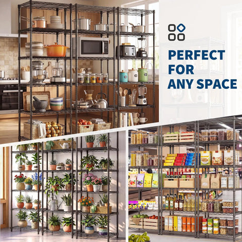 Heavy Duty Six Tier Metal Wire Shelving Rack With Rust Resistant Carbon Steel Frame used for kitchen storage and organization.