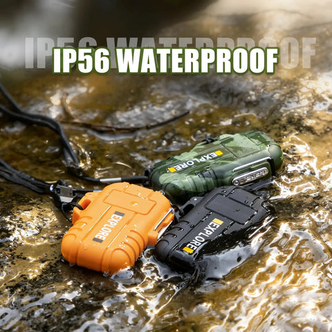 Three USB C Rechargeable Plasma Lighters with IP56 waterproof rating on wet rocks, ideal for camping and outdoor use.