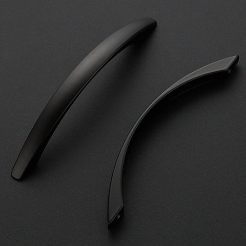 10 Pack 5 Inch Matte Black Curved Cabinet Pulls For Kitchen Cupboards And Dresser Drawers With Arch Style Hardware Zinc Alloy Construction Rust Resistant Includes Screwdriver For Easy Installation close-up view of two pulls