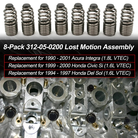 Lost Motion Assembly Replacement For B Series 4 Cylinder Engines Compatible With B16A B17A B18C B16A2 B16A3 B17A1 B18C1 B18C5 Type R GSR Pack Of 8 No Mod Needed Direct Fit To Original Factory Specs For Easy Installation And Extended Travel. 8-pack steel valve spring assemblies on engine head
