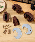 Drawer Slide Repair Kit With Rollers And Installation Accessories For Kitchen Cabinets And Furniture Drawers Easy Install Replacement Parts No Fuss Track Guide Hardware For Quick Home Repairs shows brown plastic parts, metal plates, and screws on a wooden surface.