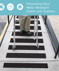 Lifegrip anti-slip traction tape on stair treads; black 4-inch-wide strips for indoor/outdoor use.
