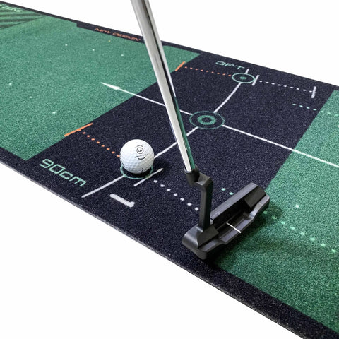 Golf Putting Training Mat For Indoor Practice 13 Ft Green With Realistic Medium To Fast Green Feel shown with putter and ball