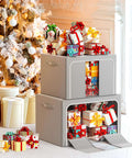 Foldable Metal Frame Storage Bins Set For Clothes And No Fuss Organization, 100L Each, 3 Pack, with holiday decor next to a Christmas tree