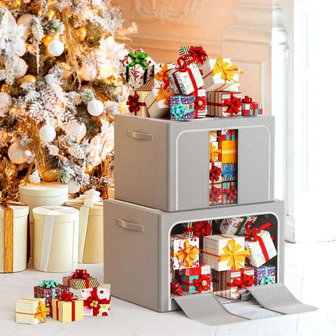 Foldable Metal Frame Storage Bins Set For Clothes And No Fuss Organization, 100L Each, 3 Pack, with holiday decor next to a Christmas tree